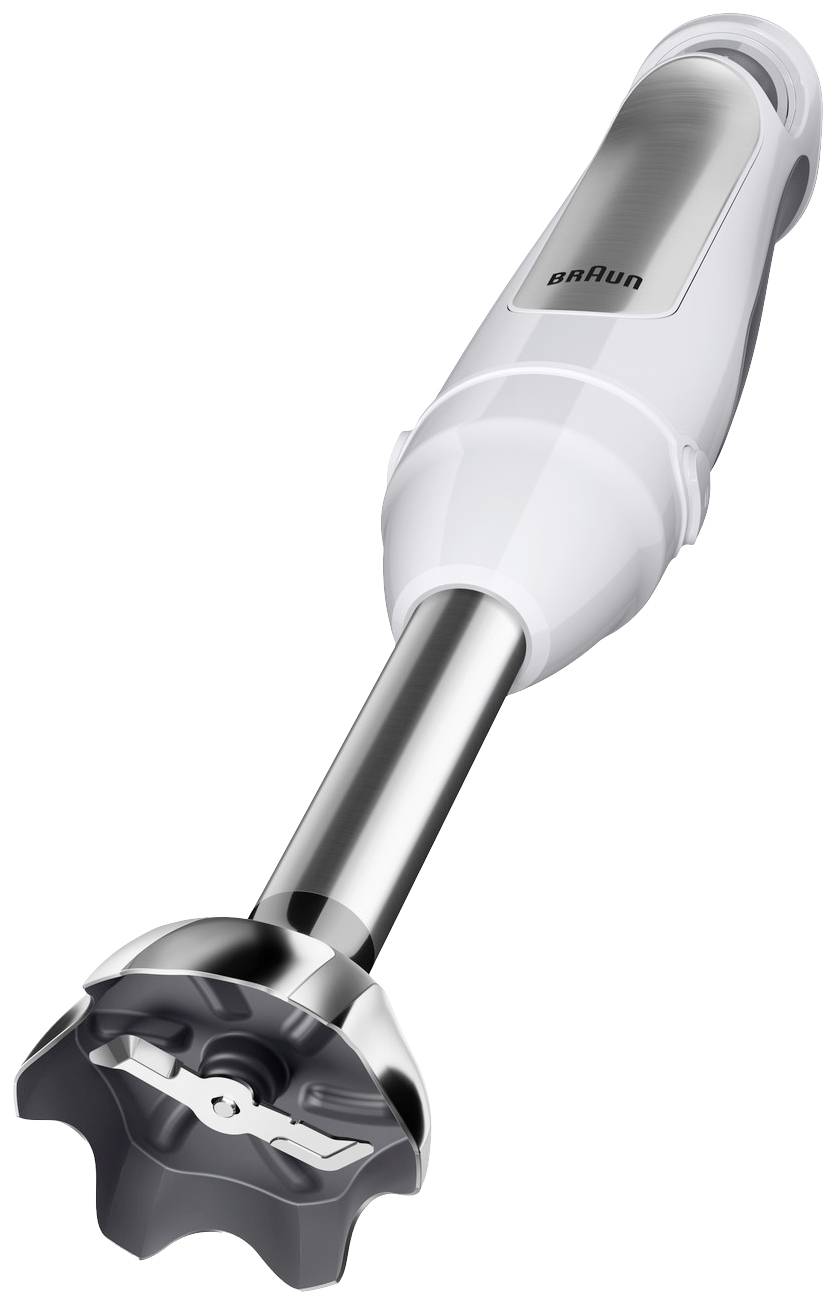 Ein weißer Stabmixer mit silbernem Schaft und Markenname 'Braun' auf dem Griff. Ideal zum Mixen und Pürieren von Zutaten in der Küche.