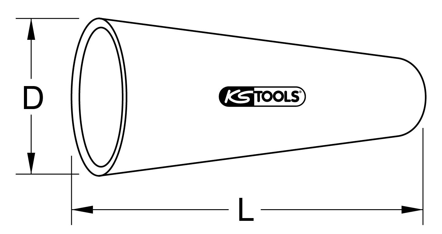 Eine schematische Darstellung eines konischen Werkzeugs mit den Maßen 'Durchmesser (D)' und 'Länge (L)', Logo 'KS Tools' sichtbar.