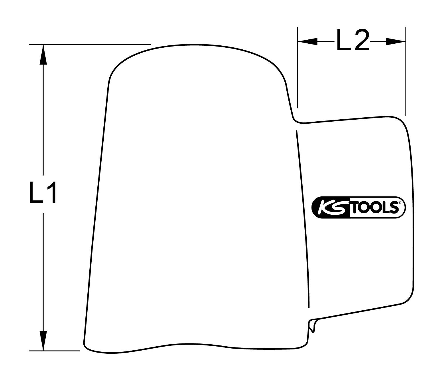 Abbildung zeigt Schema eines Werkzeugs mit zwei Längenangaben: L1 für Höhe und L2 für Breite. Rechts 'KS TOOLS'-Logo sichtbar.