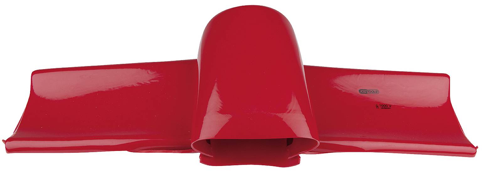 Rotes Kunststoffteil, flügelartige Form, möglicherweise ein Bauteil oder Zubehör, vor weißem Hintergrund.
