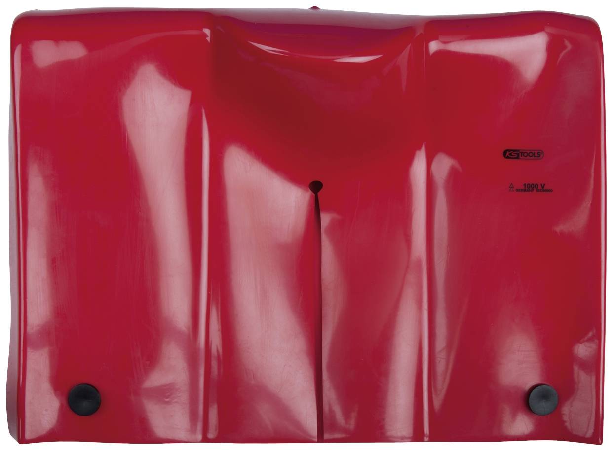 Roter Kunststoffüberzug mit zwei schwarzen Befestigungspunkten unten.