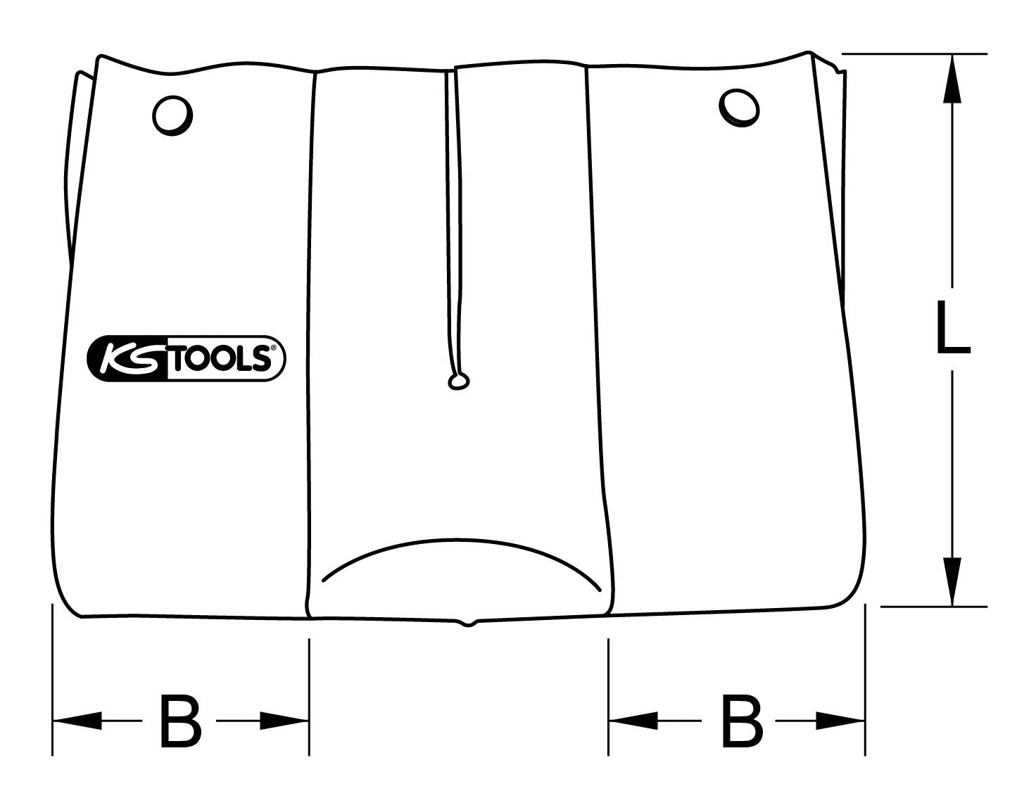 'Skizze einer Werkzeugtasche von KS Tools mit zwei Druckknöpfen oben, einem Längenmaß 'L' und einem Breitenmaß 'B' gekennzeichnet.'