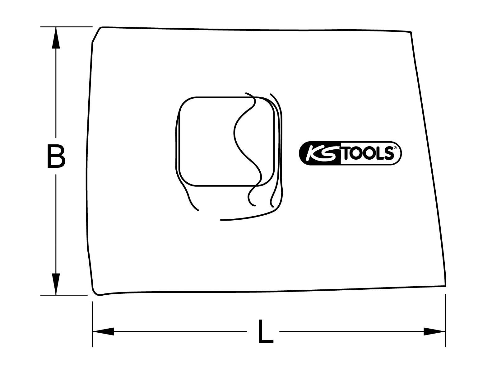 Illustration eines rechteckigen Tuchs mit einem zentralen Schnitt und dem Logo 'KS TOOLS' rechts daneben. Beschriftet mit Längenmaßen L und B.