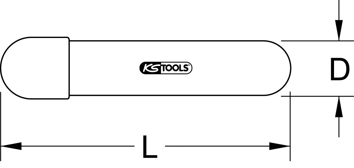 Skizze eines Werkzeuggriffs mit den Maßen: Länge (L) und Durchmesser (D), Logo 'KS Tools' auf dem Griff platziert.