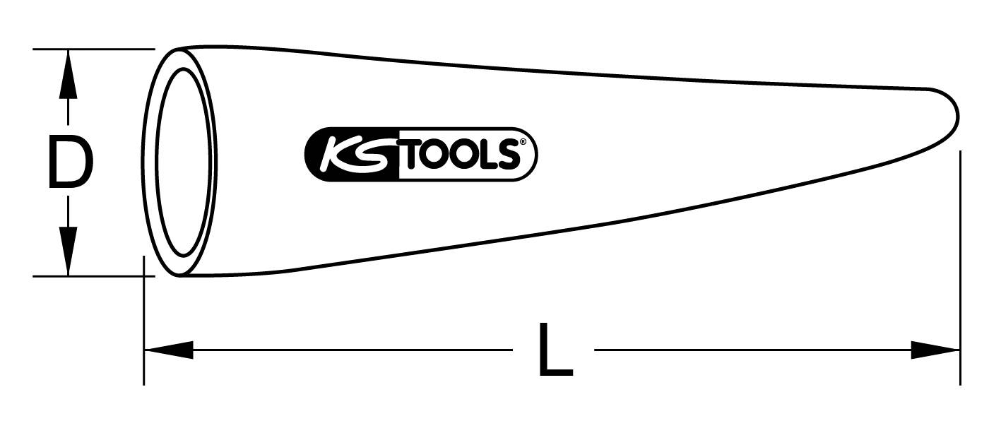 Schema einer kegelförmigen Werkzeughülse mit Beschriftung 'KSTOOLS'. Maße D und L zeigen Durchmesser und Länge des Werkzeugs.