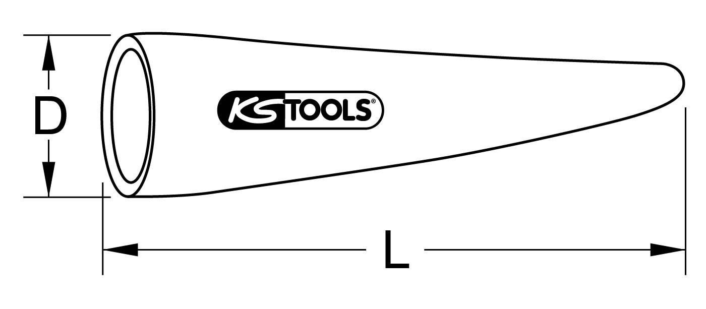Abbildung eines konischen Werkzeugs mit den Maßen Durchmesser 'D' und Länge 'L'. 'KS Tools' Logo in der Mitte.