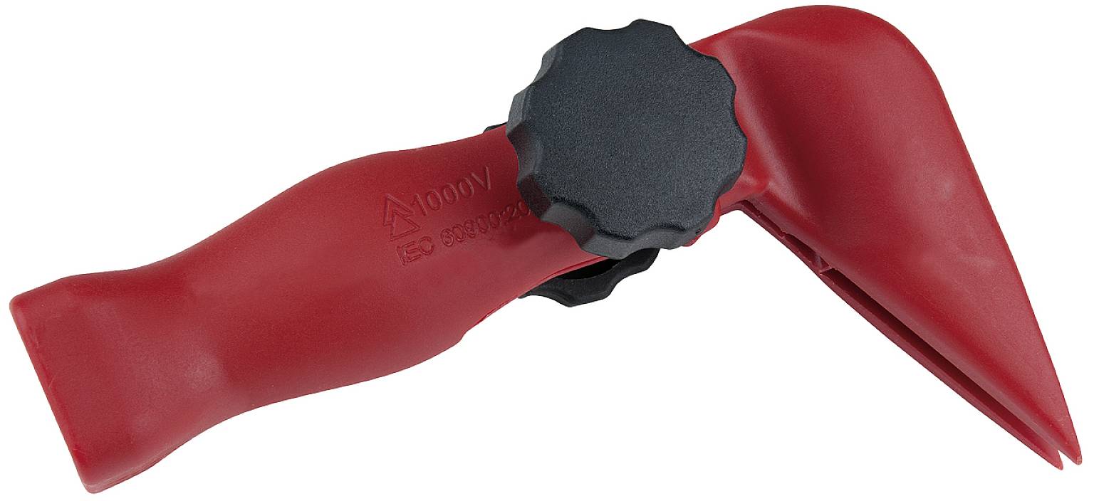 Rotes Kunststoffwerkzeug mit schwarzem Drehknopf, möglicherweise zur Rohrbearbeitung oder Abdichtung.