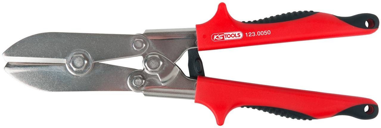 Eine rote Blechschere mit schwarzen Griffen, geeignet zum Schneiden von Metall. Sie hat eine robuste Klinge und ergonomische Griffe.