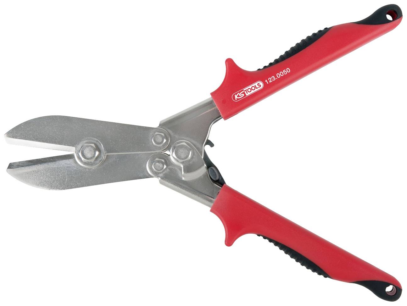 Eine Metallschere mit roten ergonomischen Griffen und silberner Klinge. Die Scherenblätter sind leicht geöffnet.