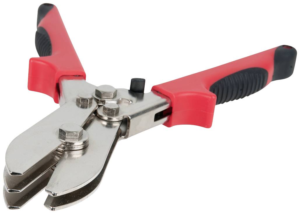 Eine rote und silberne Metallschere mit schwarzen Griffen, die zum Schneiden von Draht oder dünnem Metall verwendet wird.