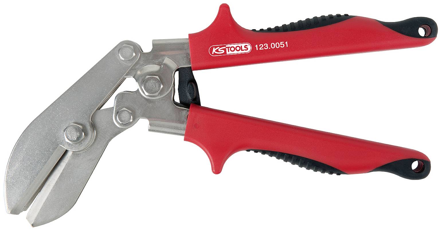 Eine rote und schwarze Handblechschere mit rot lackierten Griffen, geeignet zum Schneiden von Metallblechen.
