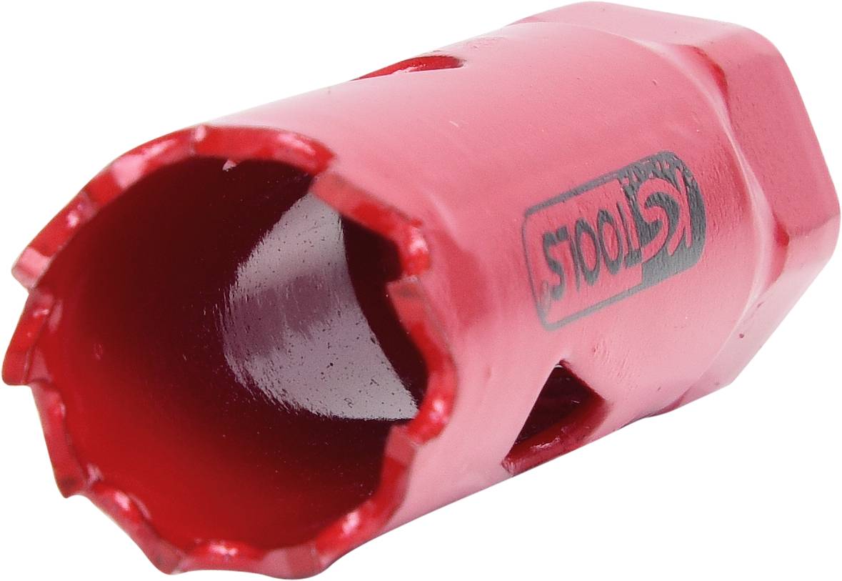 Roter Kernbohrer mit scharfem Rand, geeignet für Beton oder Mauerwerk. Markenname seitlich aufgedruckt.