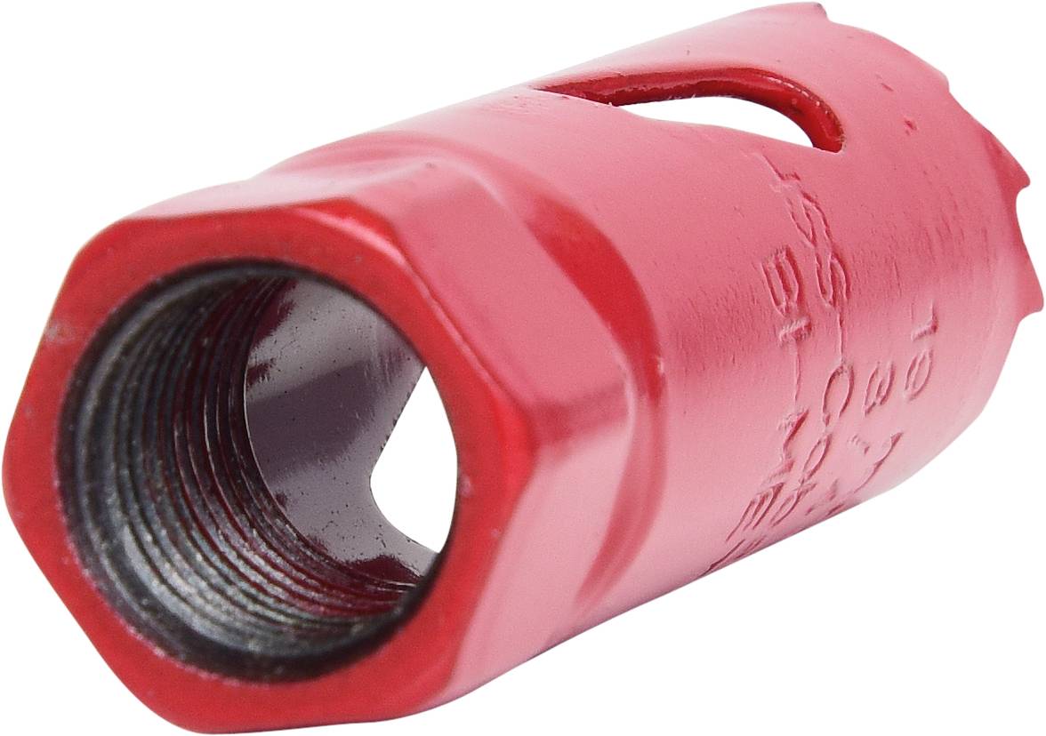 Roter Kernbohrer mit sechskantiger Außenseite und Innengewinde, verwendet zum Bohren in harte Materialien.