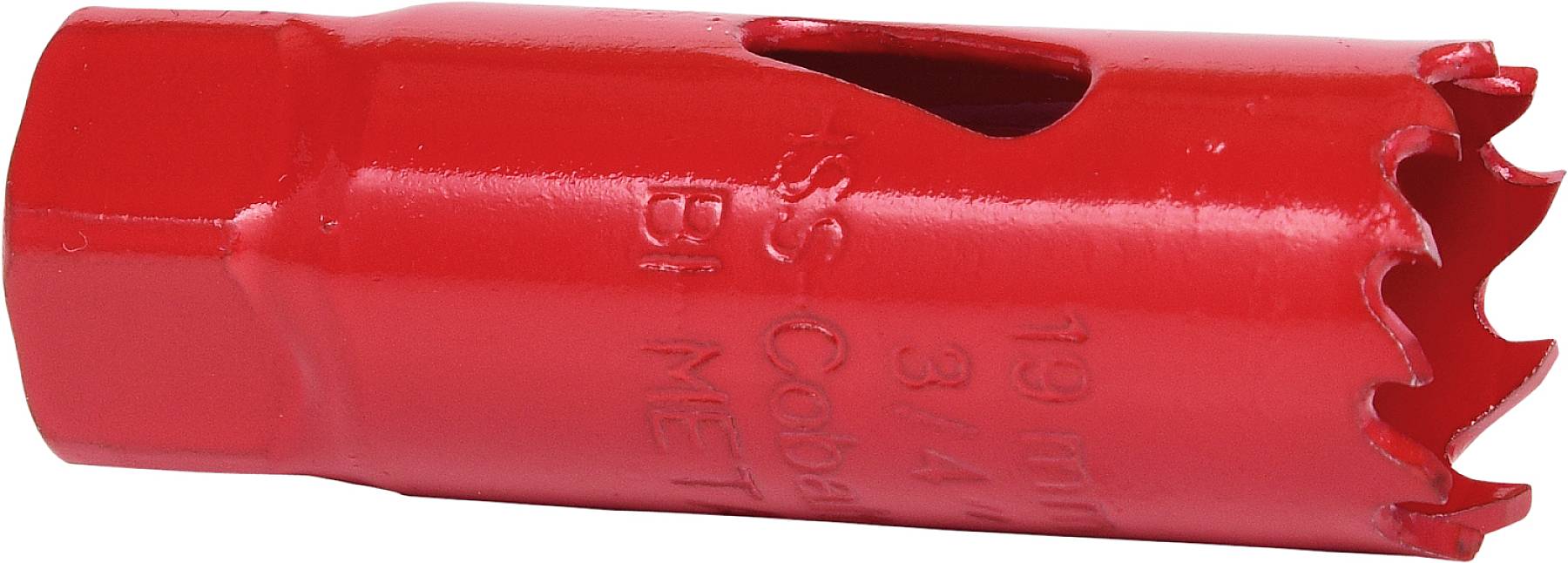 Roter Metallbohrer mit zahnförmiger Spitze und sechskantigem Schaft, geeignet für Bohrarbeiten in Metallmaterialien.