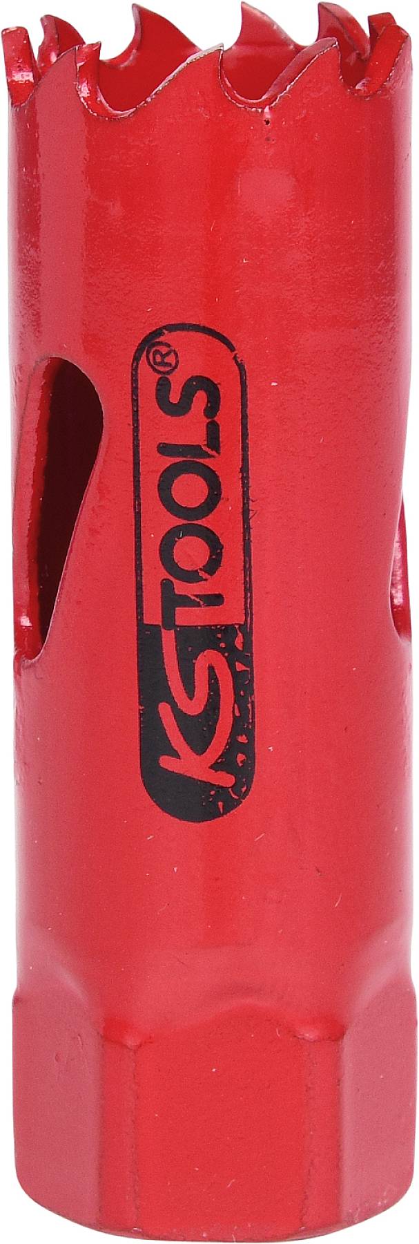 Roter Bohrkranz der Marke 'KS Tools' mit gezackter Öffnung und seitlichen Schlitzen, dient zum Bohren von großen Löchern in Materialien.