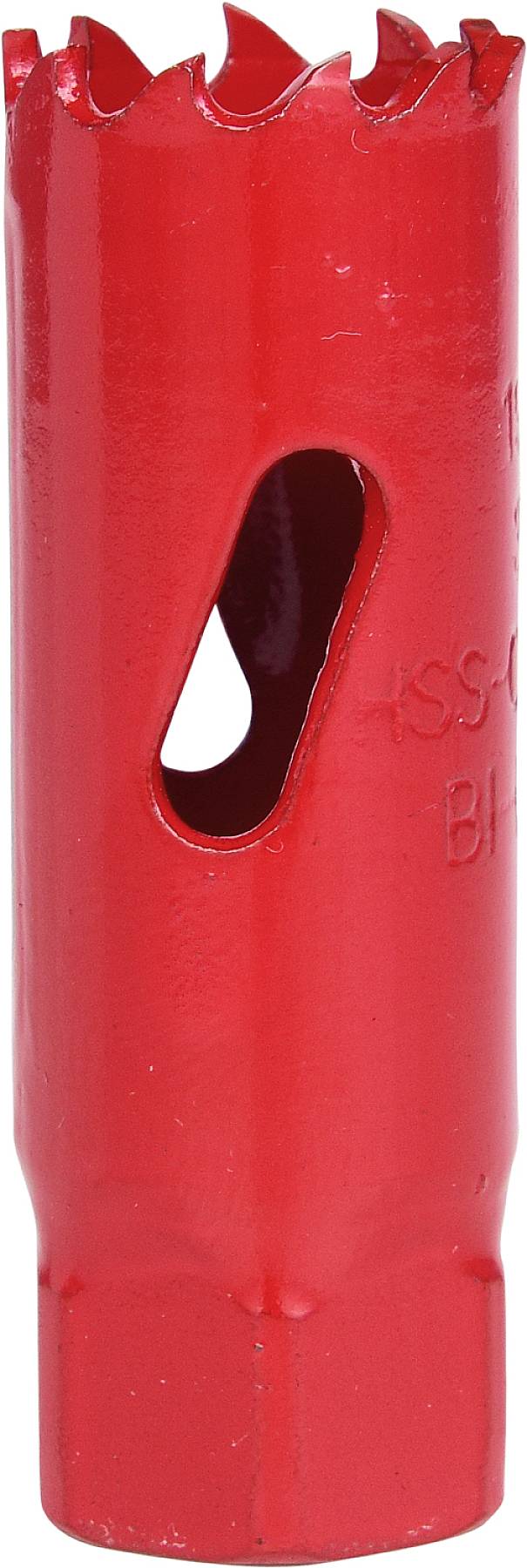 Roter Lochsägeaufsatz mit gezackter Schneide und ovalem Ausschnitt an der Seite, zur Nutzung in Bohrmaschinen.