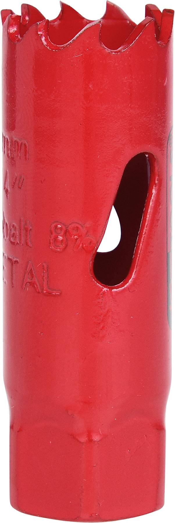 Eine rot lackierte Lochsäge mit gezahntem Rand und seitlicher Öffnung, geeignet für das Schneiden von Metall und anderen Materialien.