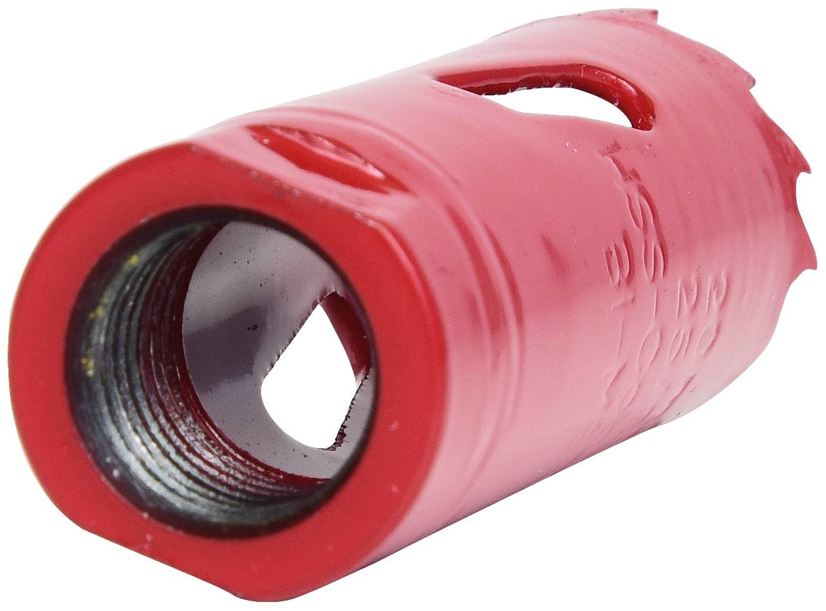 Ein roter Bohrkrone-Aufsatz mit ausgefranstem Rand und einem sechseckigen Loch in der Mitte. Verwendet für Bohrarbeiten.
