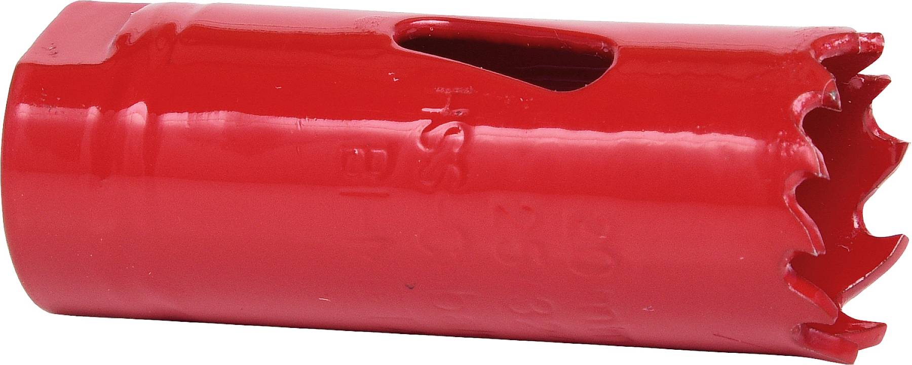 Ein roter Kronenbohrer mit gezähnten Kanten, verwendet zum Schneiden von runden Löchern in Materialien wie Holz oder Metall.
