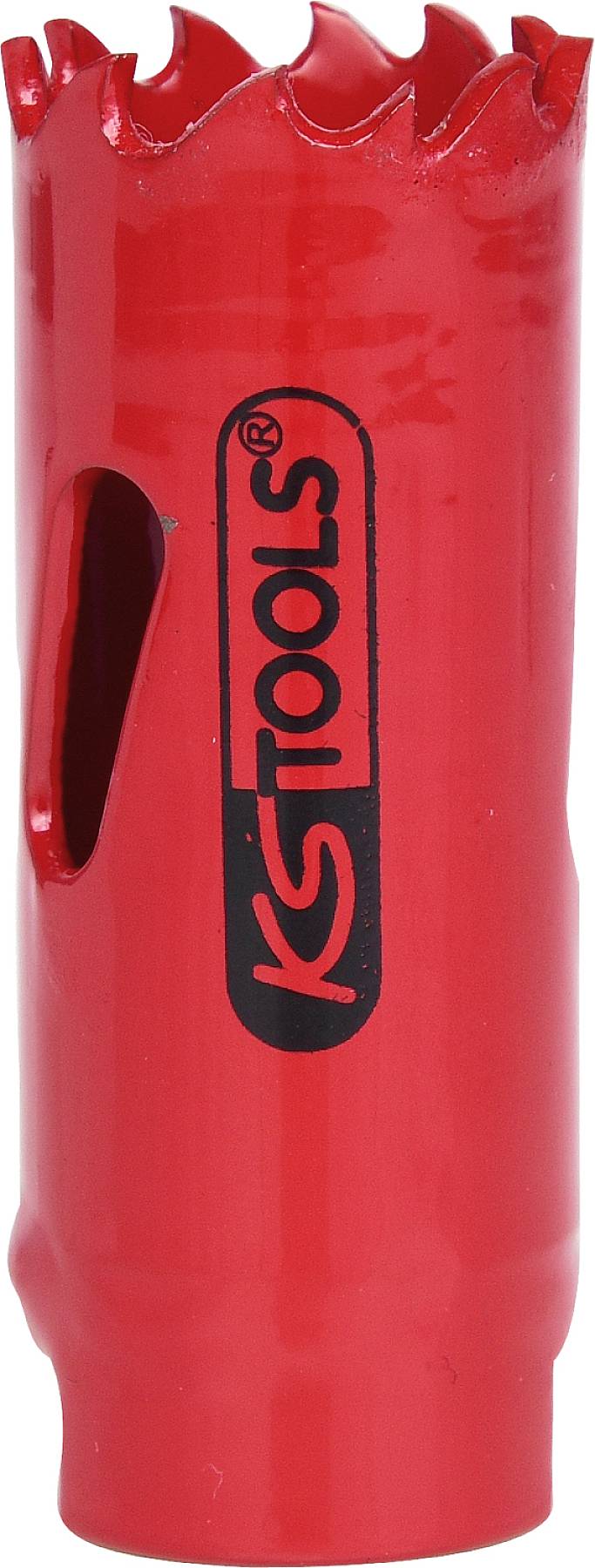 Roter Bohrer mit gezacktem Rand und seitlichem Schlitz. Schwarzes Logo mit Schriftzug 'KS Tools' auf der Oberfläche.