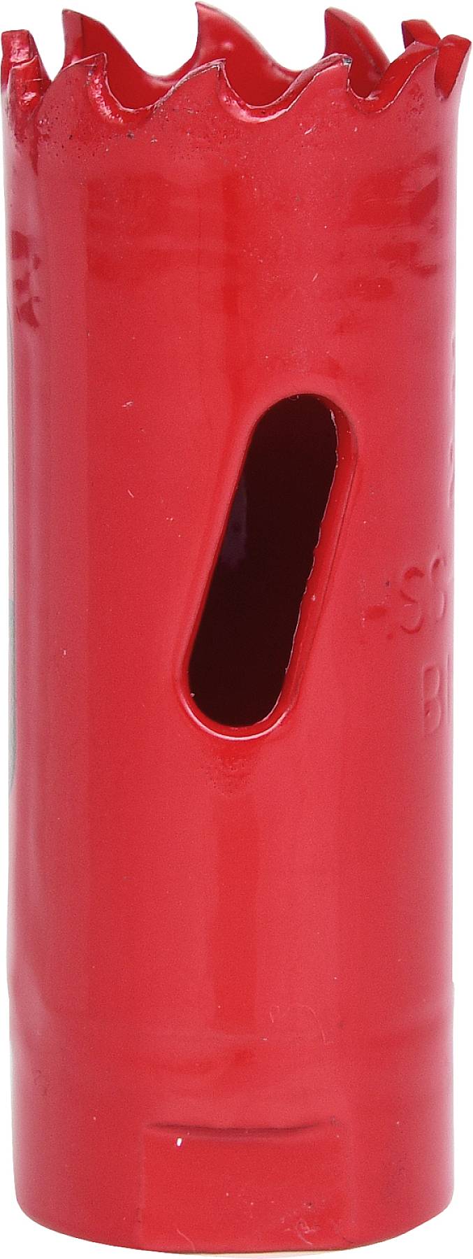 Ein roter Lochsägeaufsatz mit gezacktem Rand und einer seitlichen Öffnung, verwendet zum Schneiden runder Löcher in Materialien.