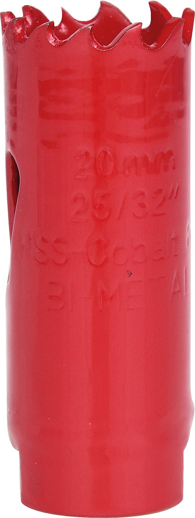 Ein roter, zylindrischer Lochsägebohrer mit 20 mm Durchmesser, geeignet für Metall, mit Aufschrift '20 mm, 25/32