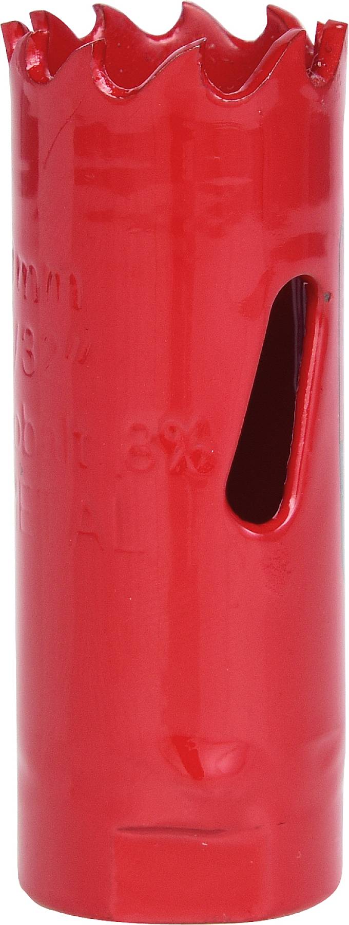 Ein roter Lochsägeaufsatz mit gezackter Schneide und seitlichem Schlitz. Designed für Metallbearbeitung.