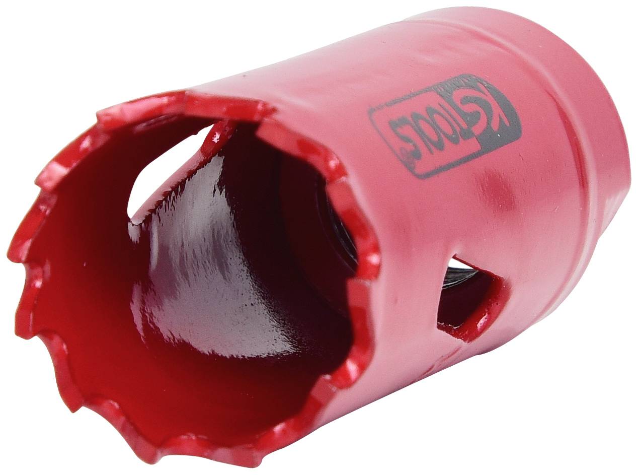 Rotes Lochsägen-Bohrwerkzeug mit gezacktem Rand und seitlichen Öffnungen, geeignet zur Bearbeitung verschiedener Materialien.