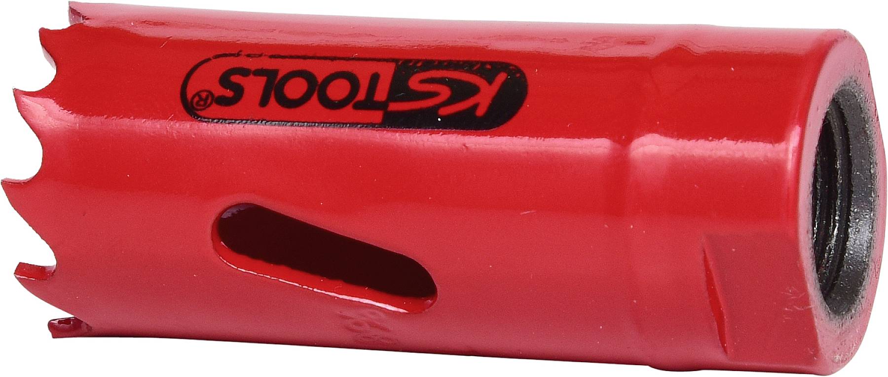 Rote Lochsäge, liegend mit gezacktem Rand und mittigem Schlitz zur Spanabfuhr, Marke 'KS Tools' aufgedruckt.