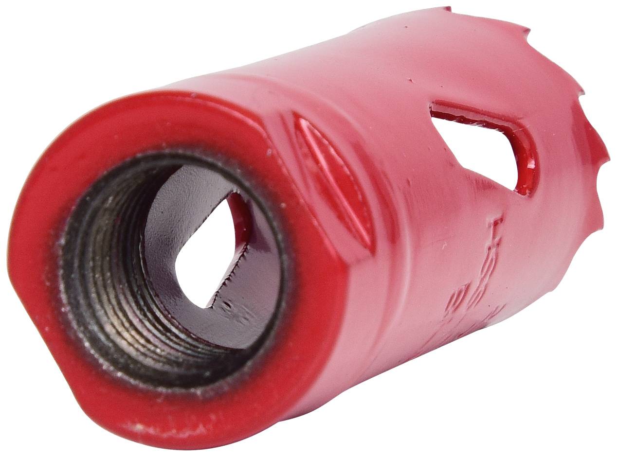 Roter Lochsägeaufsatz mit gezackter Schneide und seitlichen Belüftungsöffnungen; zum Bohren in härtere Materialien wie Holz oder Metall.