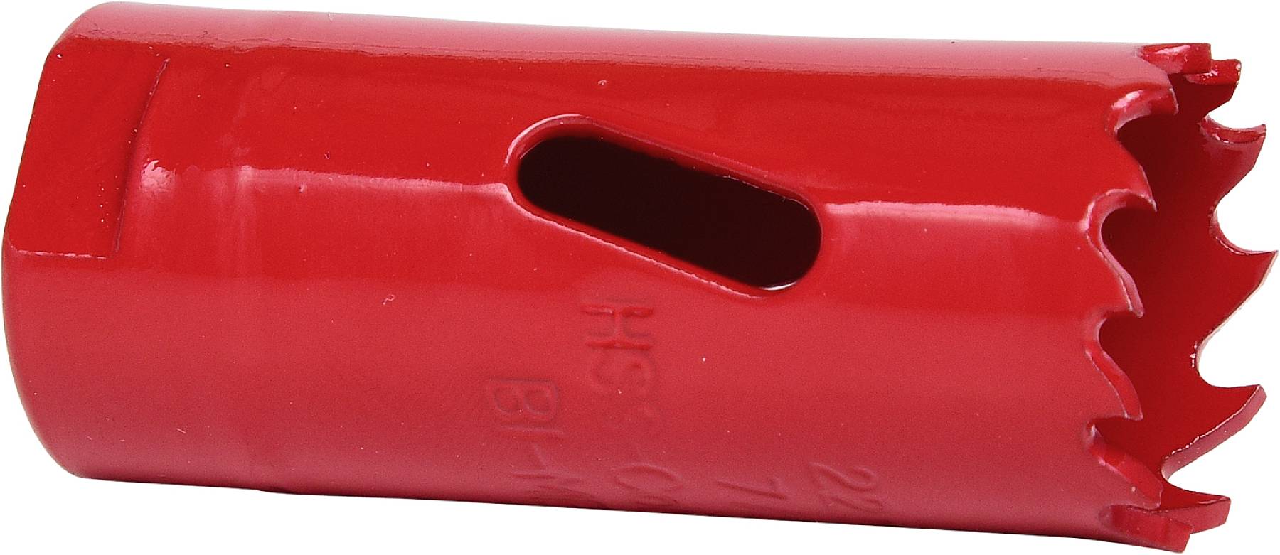 Roter Lochsägeaufsatz mit gezackten Schneidzähnen und seitlichem Loch. Verwendet zum Bohren großer Löcher in Materialien.