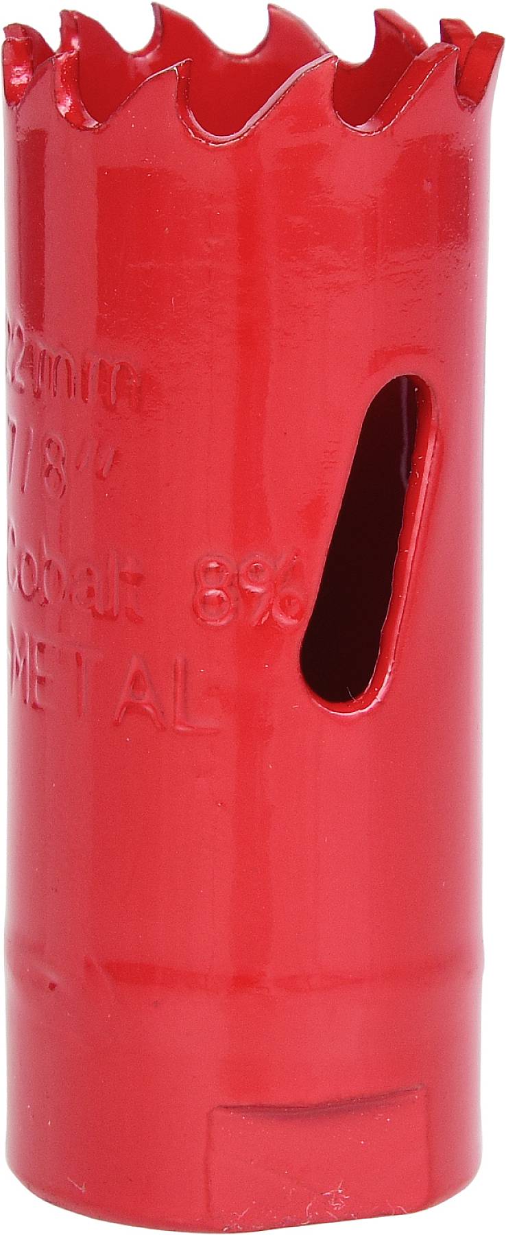 Roter Lochsägenaufsatz mit gezacktem Rand, Seitenöffnung und Aufschrift über Größe und Materialbeschaffenheit. Verwendet für Bohrarbeiten.