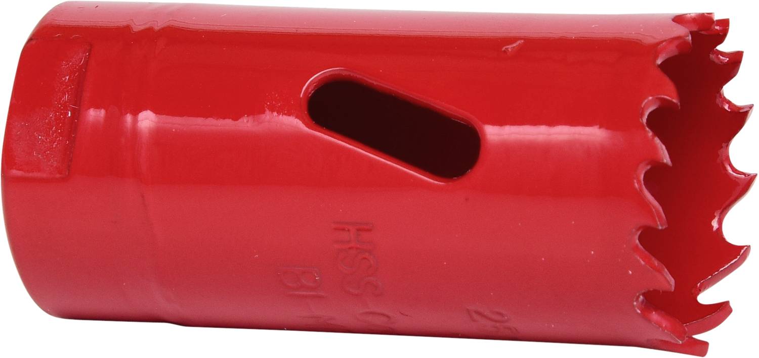 Ein rotes Lochsägeblatt mit gezacktem Rand und ovaler Öffnung, geeignet für Bohraufsätze zur Bearbeitung von Materialien wie Holz oder Metall.