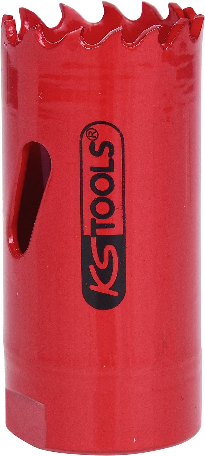 Ein roter Lochsägeaufsatz mit gezackten Schneidezähnen und dem Logo 'KS TOOLS' in der Mitte.