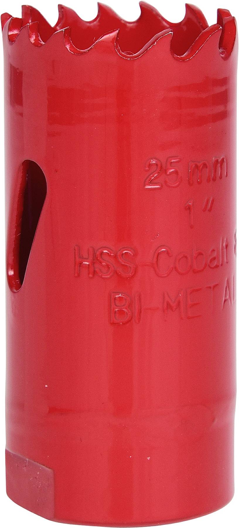 Roter Lochsägeaufsatz aus HSS-Cobalt mit 25 mm Durchmesser. Eignet sich zum Bohren in Metall.