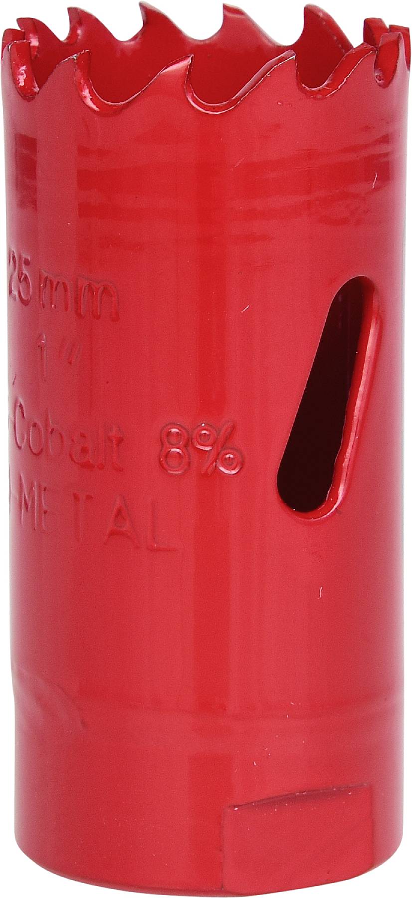 Ein rotes Lochsägeblatt mit gezackten Schneiden und einer seitlichen Öffnung, geeignet für Metallbearbeitung.