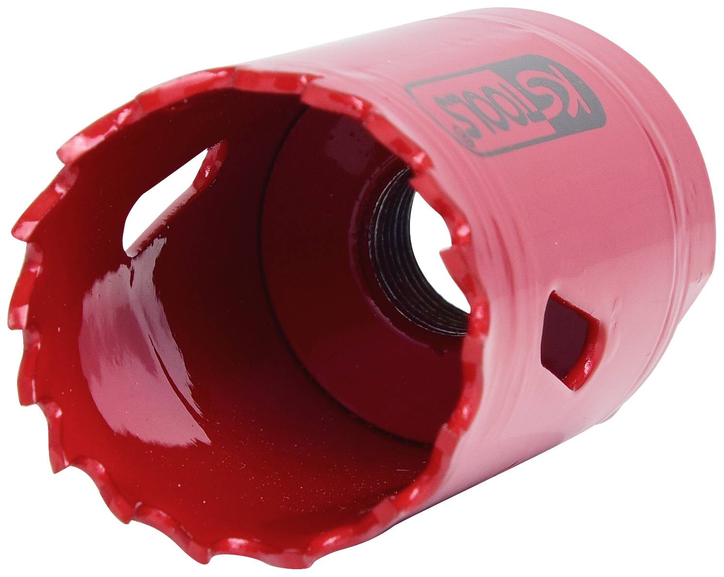 Roter Lochsägeaufsatz aus Metall mit gezahntem Rand und seitlichen Schlitzen zur Belüftung, geeignet für Holz- und Metallbohrungen.
