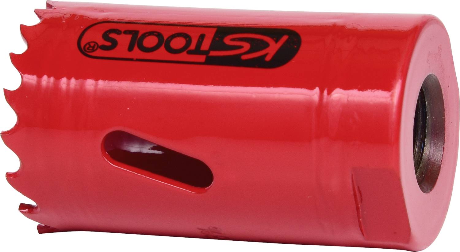 Roter Lochsägenaufsatz mit gezackten Kanten und seitlicher Öffnung, Markenname gedruckt. Verwendet für präzises Bohren in verschiedene Materialien.
