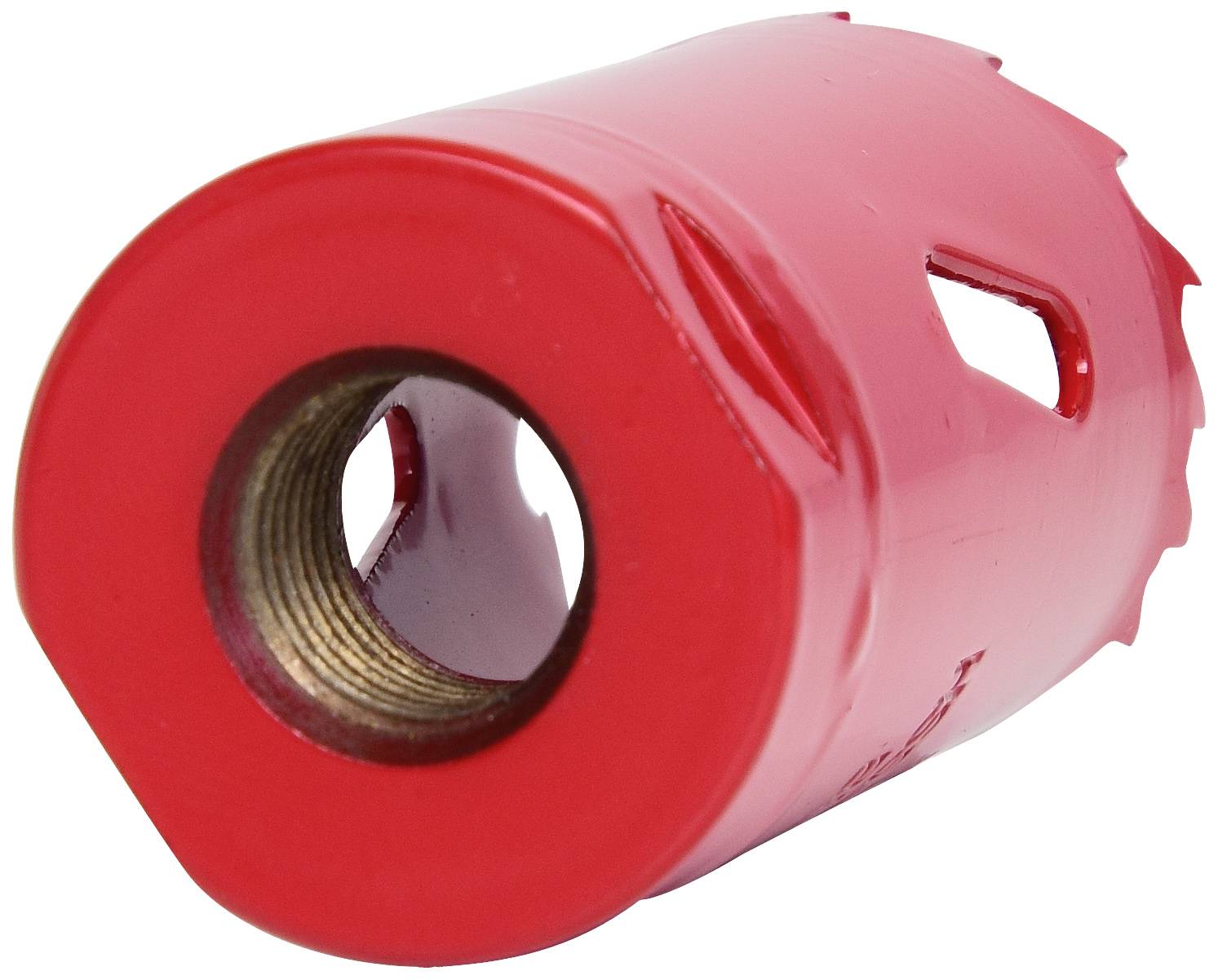 Ein roter Lochsägeaufsatz mit gezackter Schneide, geeignet zum Bohren in verschiedene Materialien.