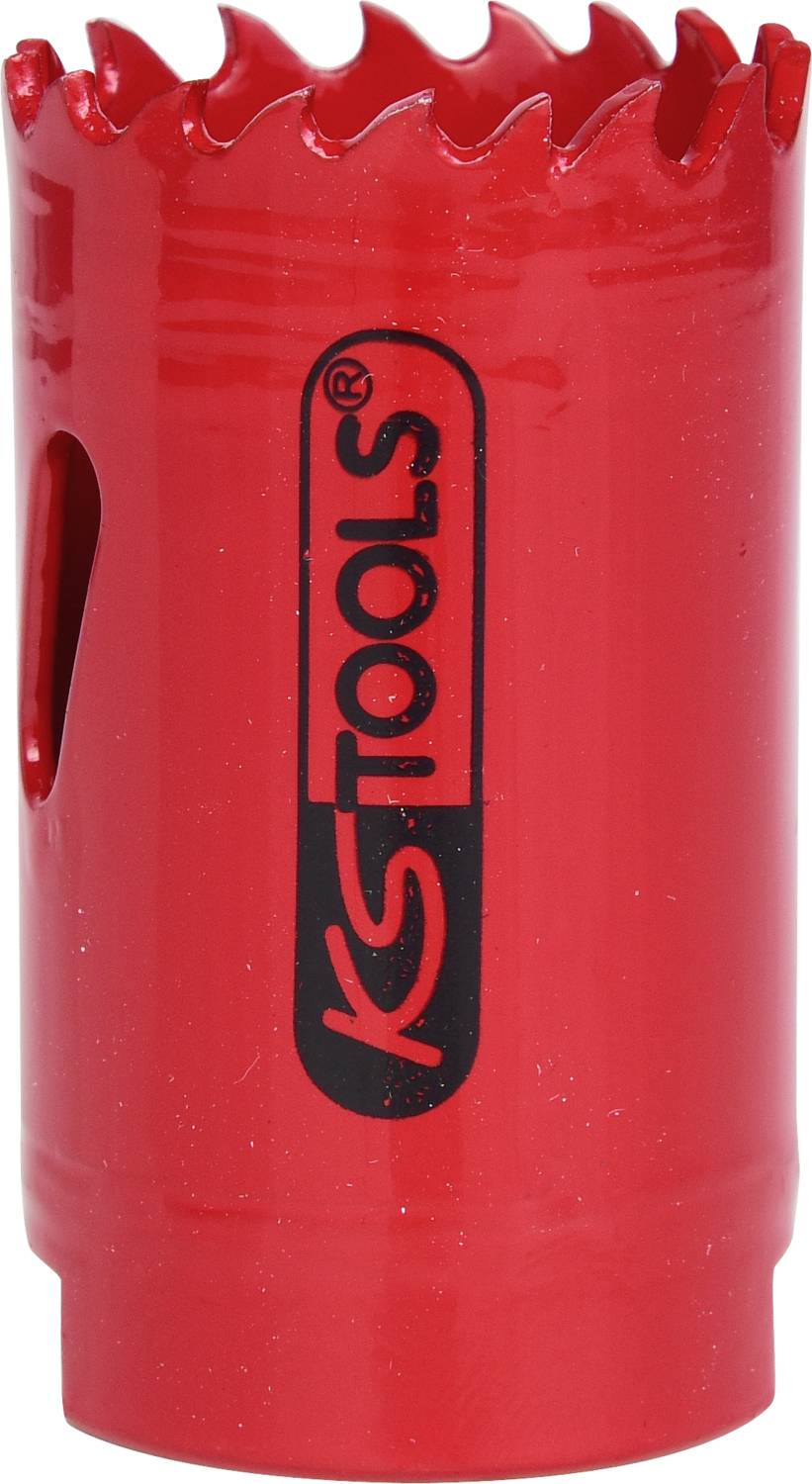 Rotes Lochsägeblatt mit 'KS Tools' Logo, Zahnung am Rand.