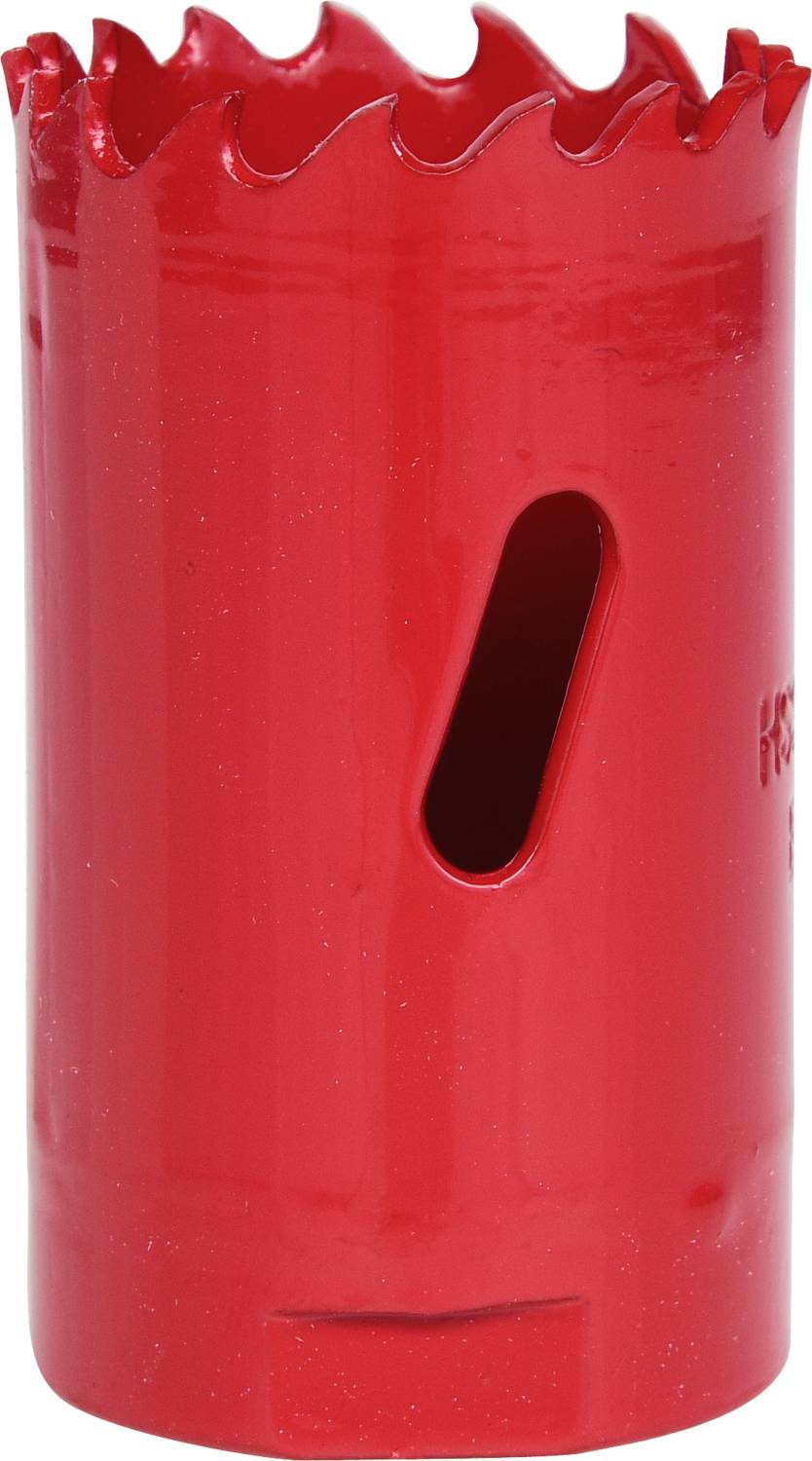 Ein roter Lochsägebohrer mit gezacktem Rand und seitlicher Öffnung. Geeignet zum Bohren großer Löcher in Materialien wie Holz oder Metall.