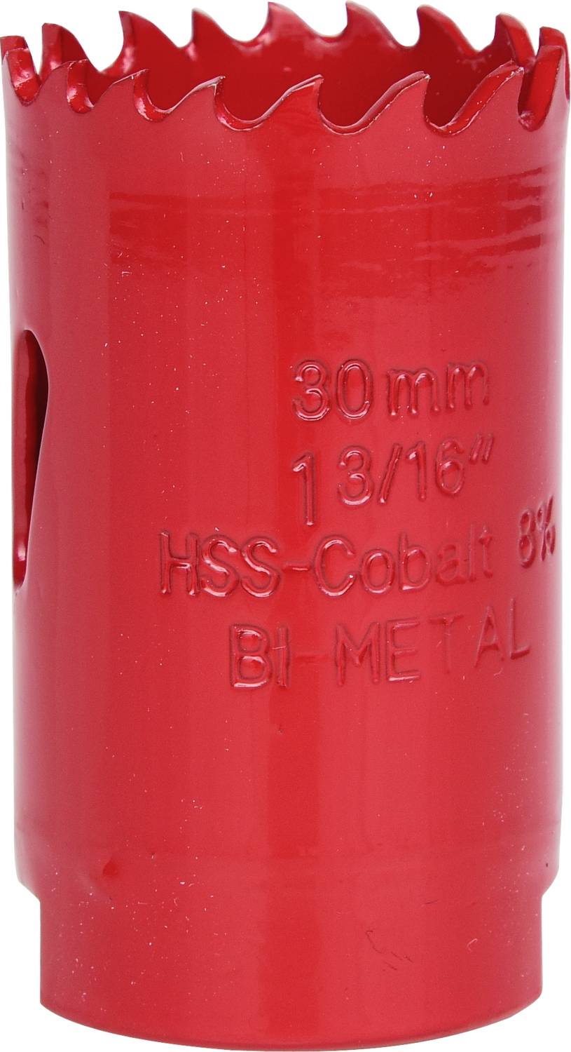 Roter Bi-Metall-Lochsägenaufsatz mit 30 mm Durchmesser. Aufschrift: '30 mm, HSS-Cobalt 8%'. Verwenden für präzises Bohren.