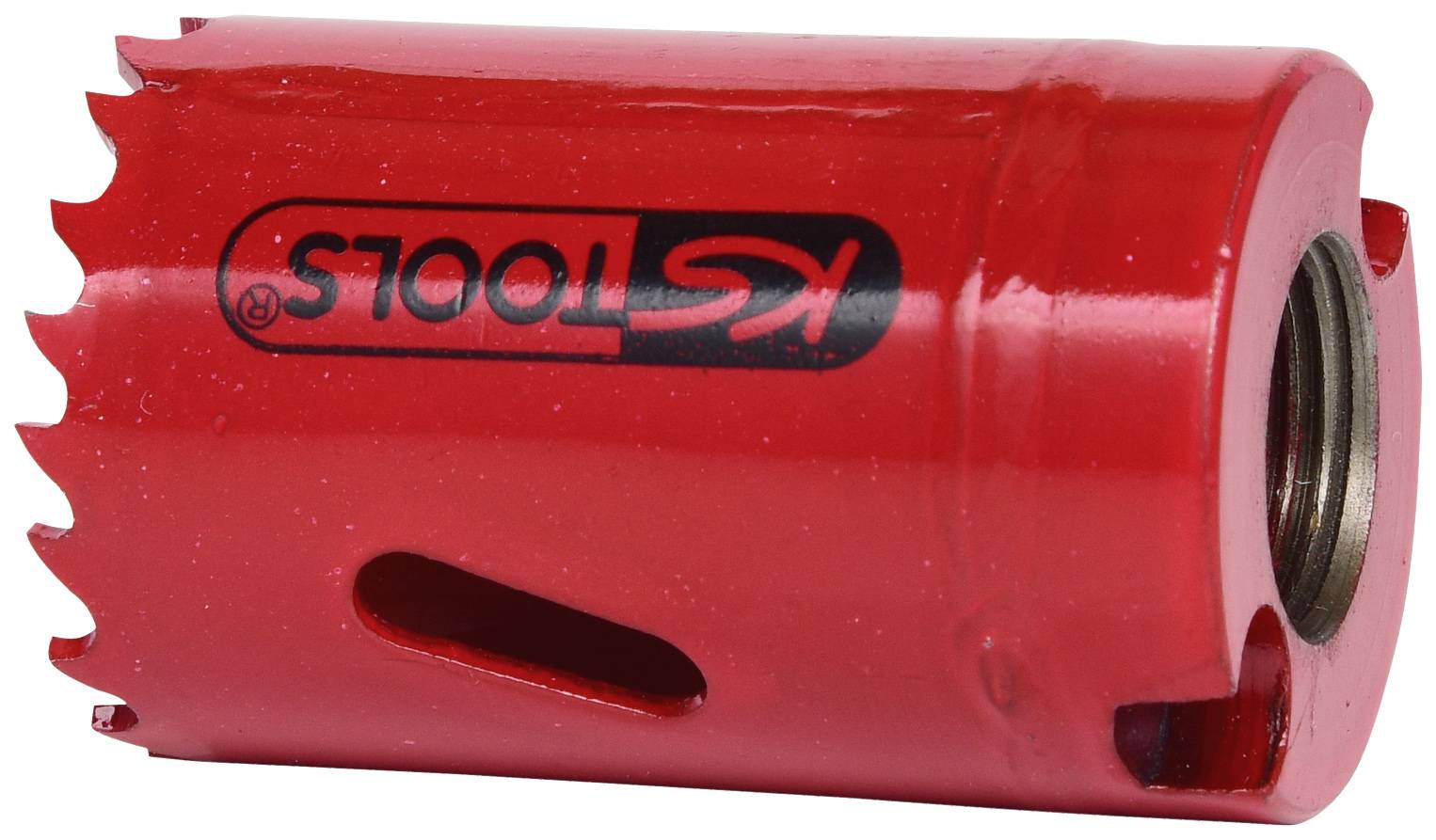 Roter Lochsägenaufsatz aus Metall mit verzahntem Rand, Markenlogo auf der Seite. Verwendet zum Bohren großer Löcher in Materialien.