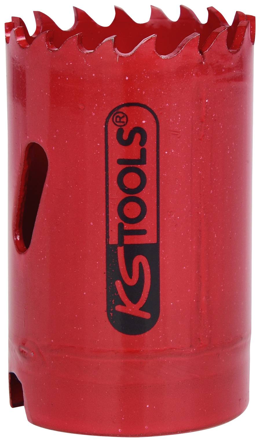 Roter Lochsägeaufsatz mit gezackten Kanten und 'KS Tools'-Logo. Geeignet für Metallschnitte.