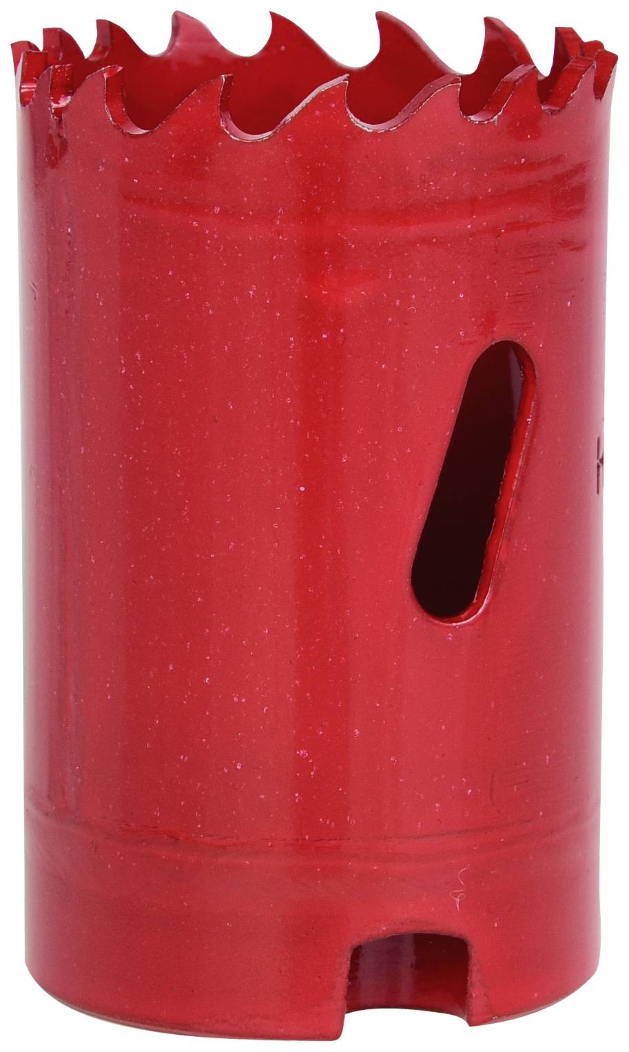 Roter Lochsägeaufsatz mit gezahnten Rändern, geeignet für das Bohren großer, kreisförmiger Löcher in Materialien wie Holz oder Metall.