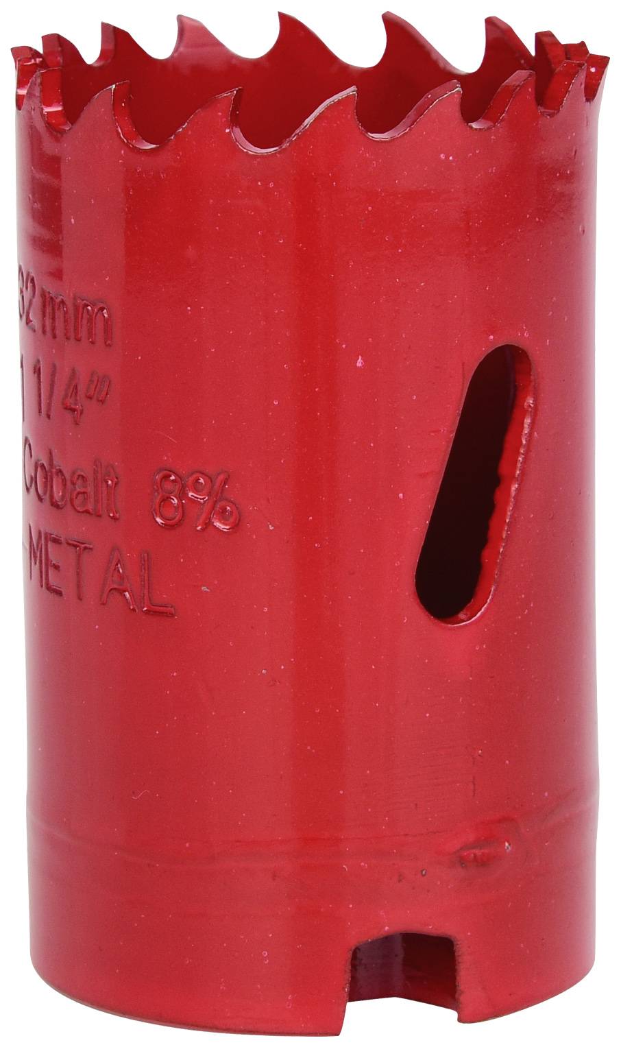 Rotes Lochsägenblatt aus Metall mit gezacktem Rand und seitlicher Öffnung, geeignet für präzises Schneiden von Materialien.