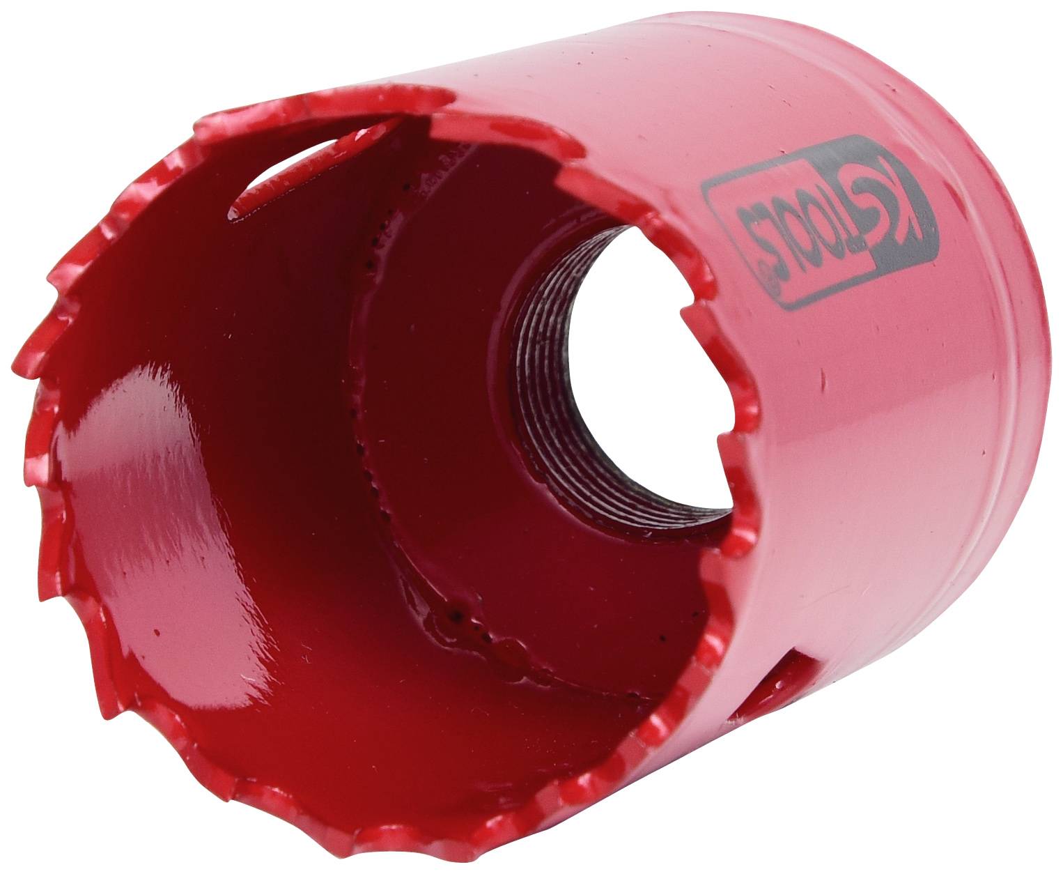 Rotes Lochsägeblatt mit gezacktem Rand und Markenzeichen, für den Einsatz beim Bohren großer Löcher in Materialien.