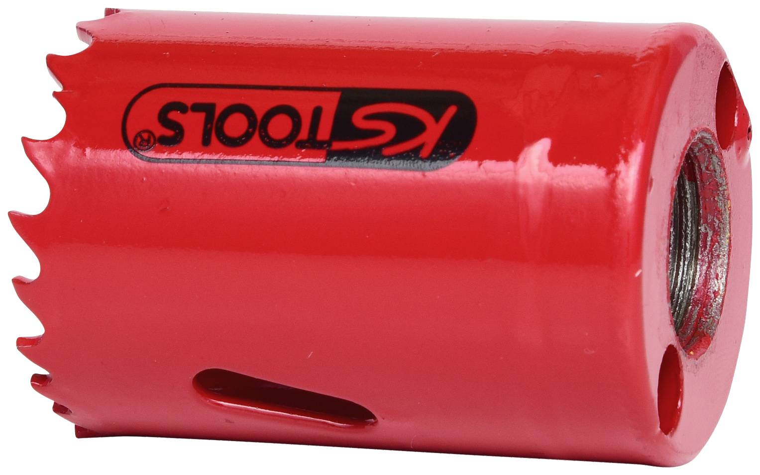 Roter Lochsäge-Aufsatz mit gezacktem Rand, schwarzer Aufschrift 'KS Tools'. Eignet sich für das Durchbohren von Materialien.
