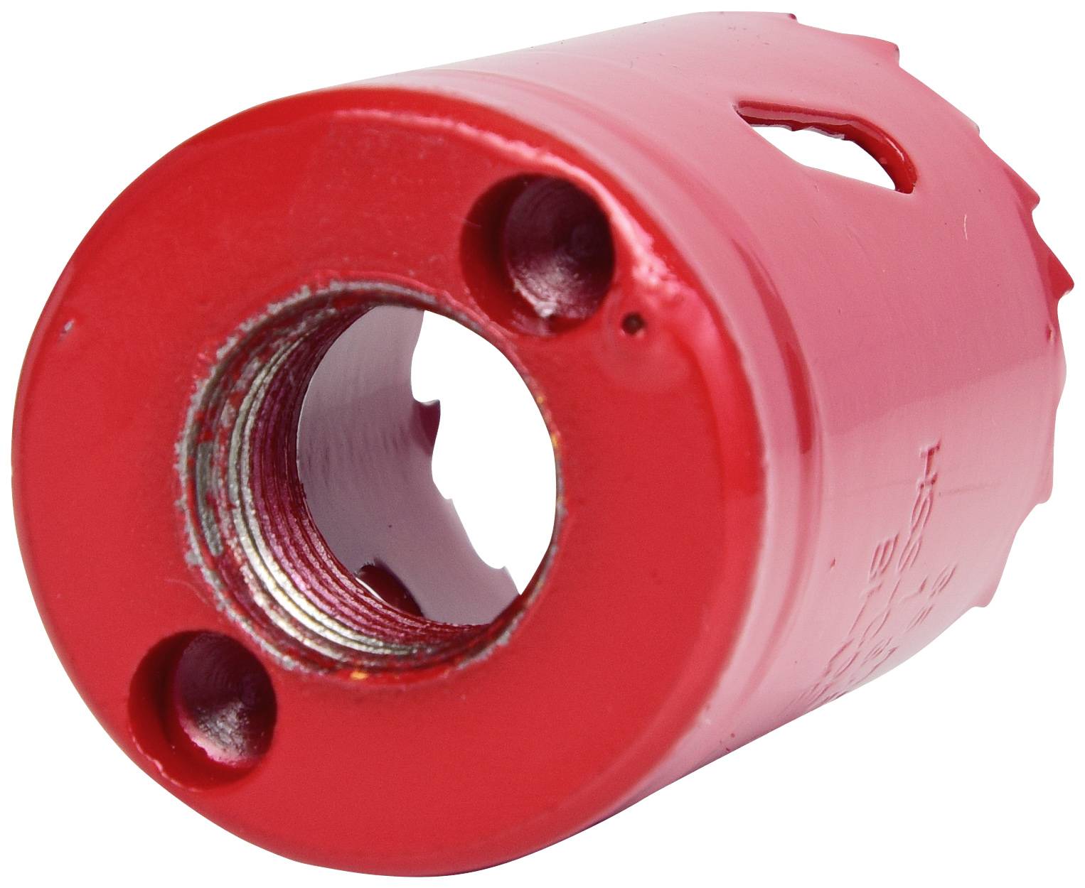Roter Lochsägekopf mit gezahnten Kanten und einer zentralen Öffnung. Geeignet für das Schneiden runder Formen in Materialien.