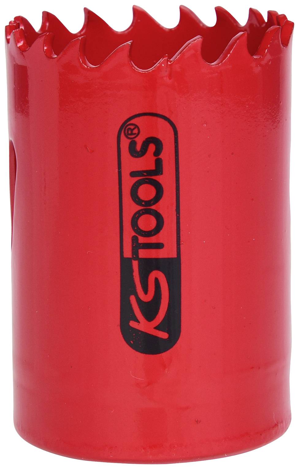 Rotes Lochsägeblatt mit gezacktem Rand und der Aufschrift 'KS Tools'. Geeignet für Bohren in Holz, Metall und Plastik.